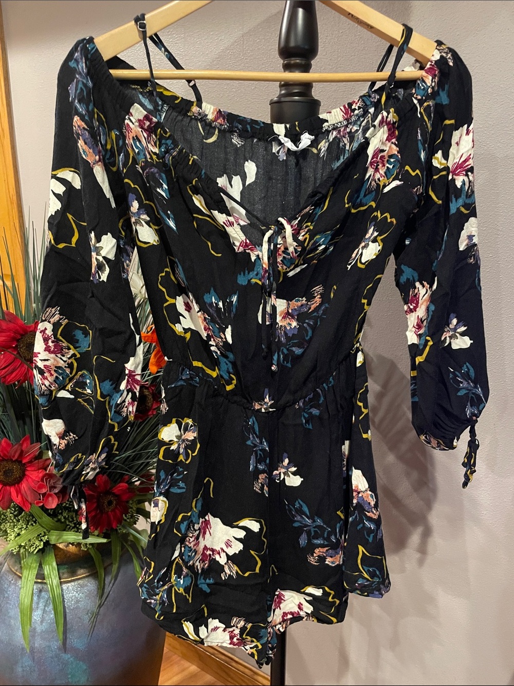 Lush Black Floral Off-Shoulder Romper